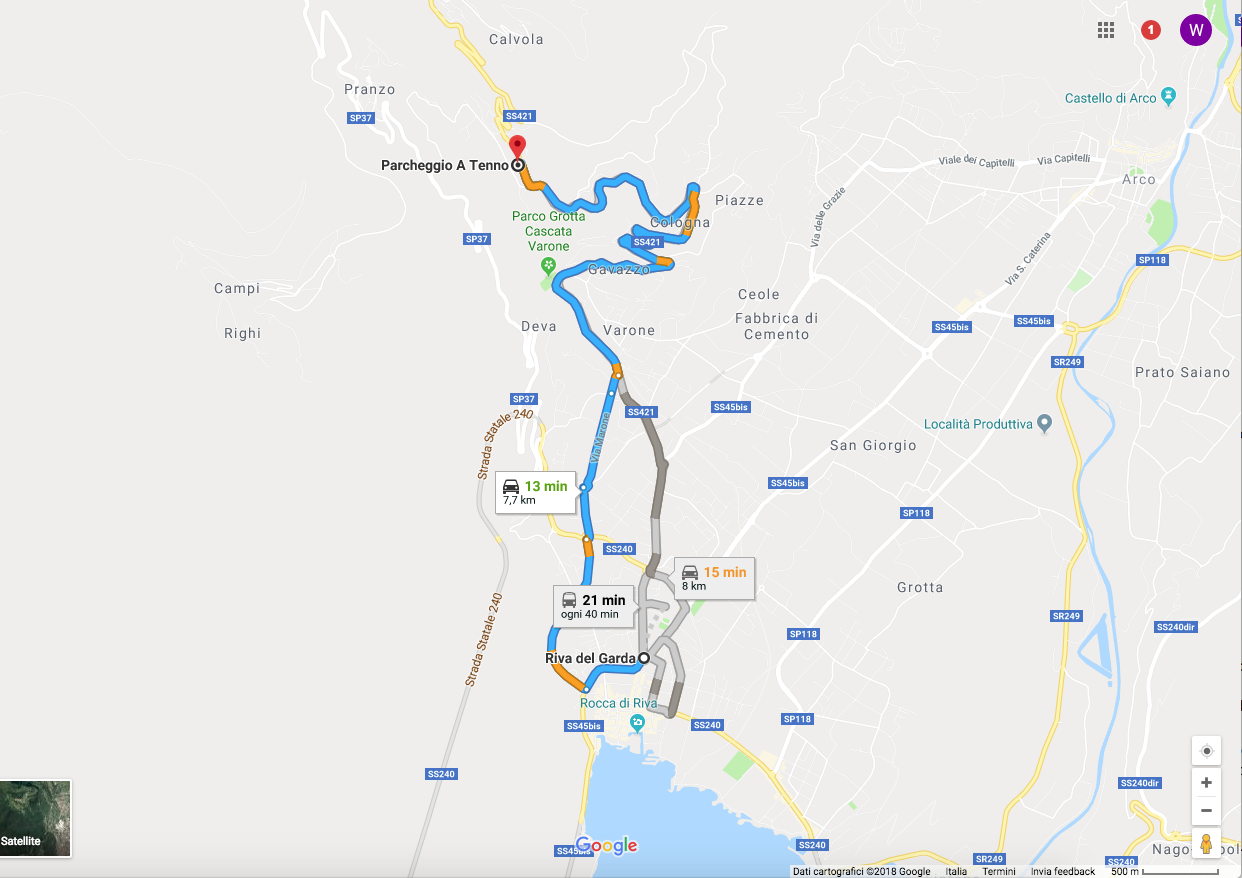 Mappa con percorso stradale in auto da Riva del Garda a Tenno.