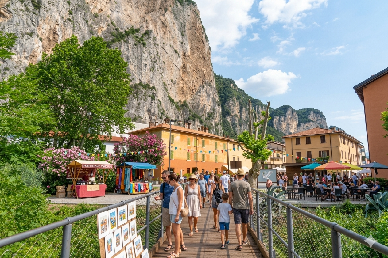 People walk across a footbridge toward a village with market stalls and a dramatic cliff face in the background.