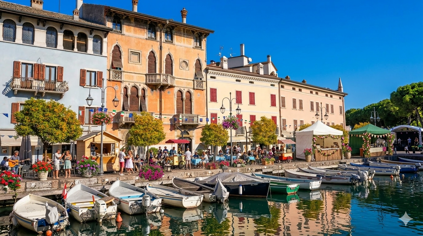People walk and dine outdoors along a picturesque Lake Garda harbor lined with small boats and historic buildings.