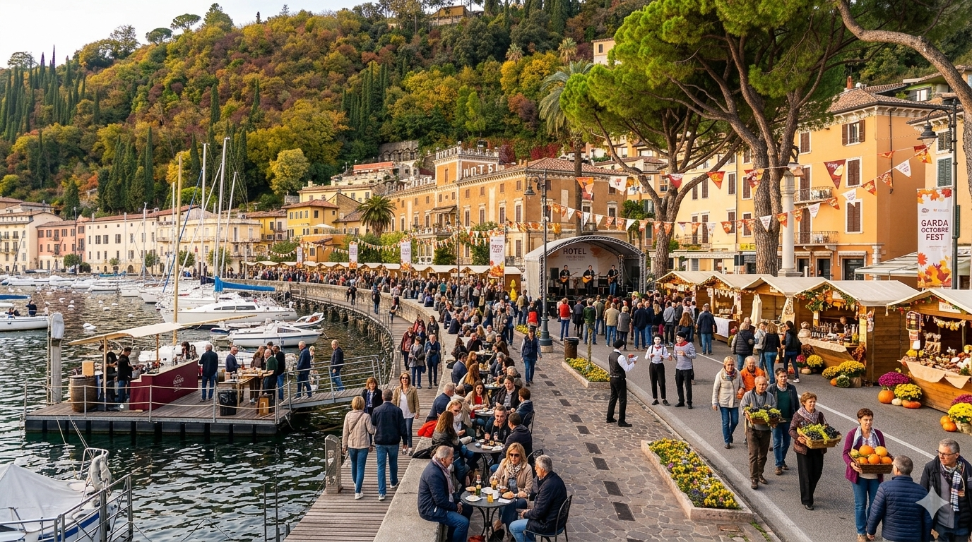 Autumn festival along the Lake Garda promenade with market stalls, people walking, and outdoor seating.