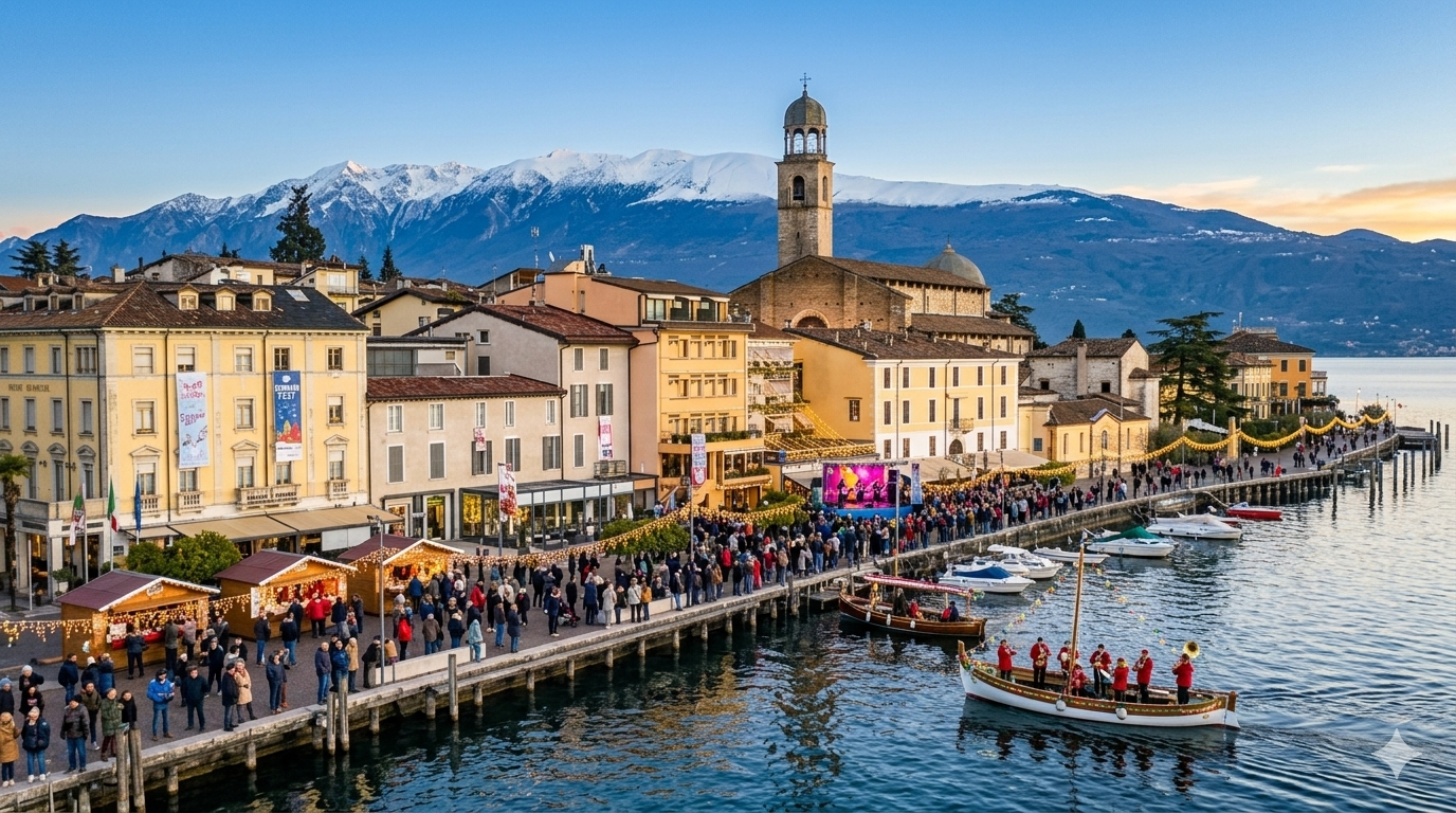 Winter Christmas market along the Salò promenade on Lake Garda with snow-capped mountains and boats in the water.